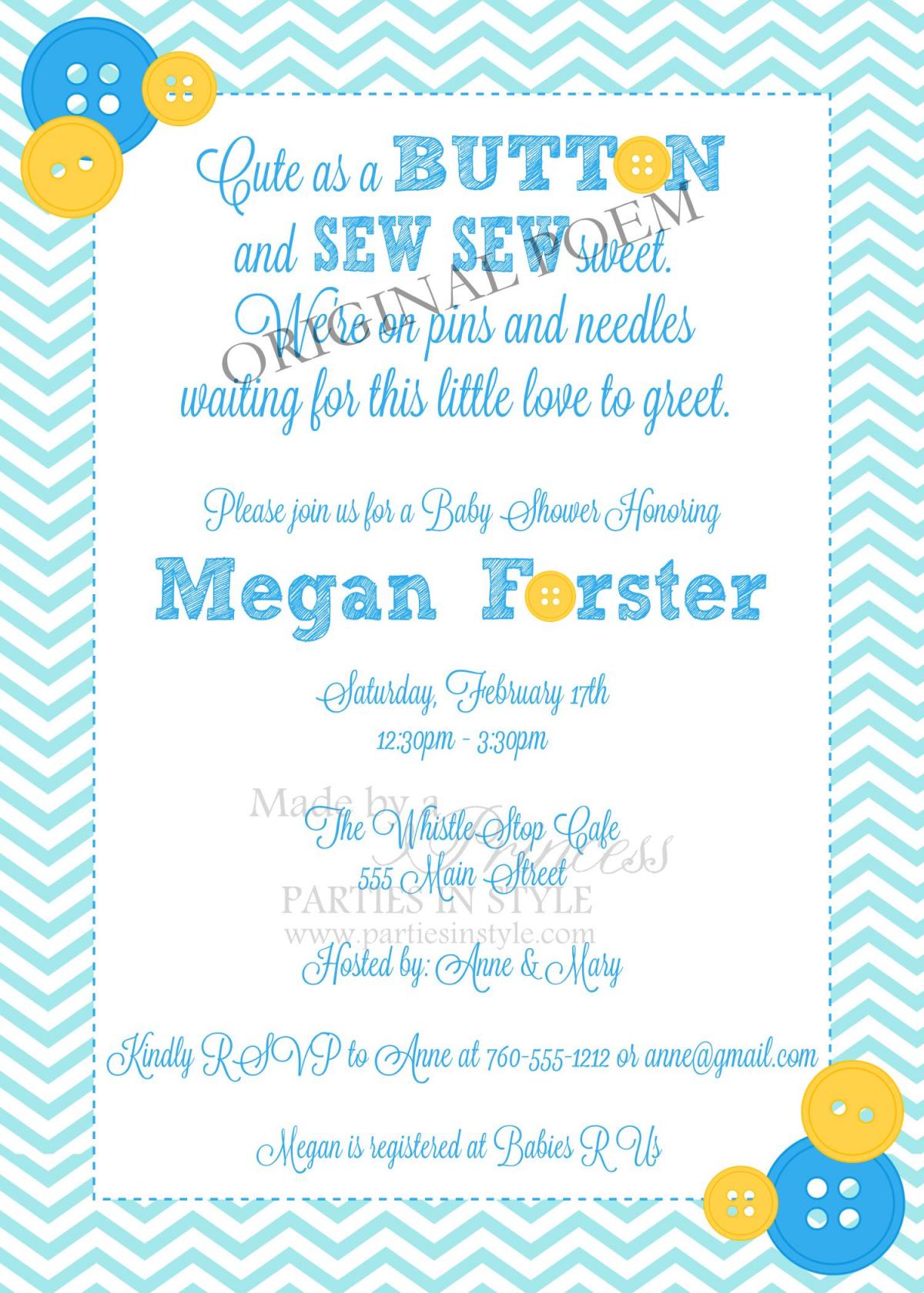 Baby Shower Invitation - Cute As A Button In Blue & Yellow - Printable Diy