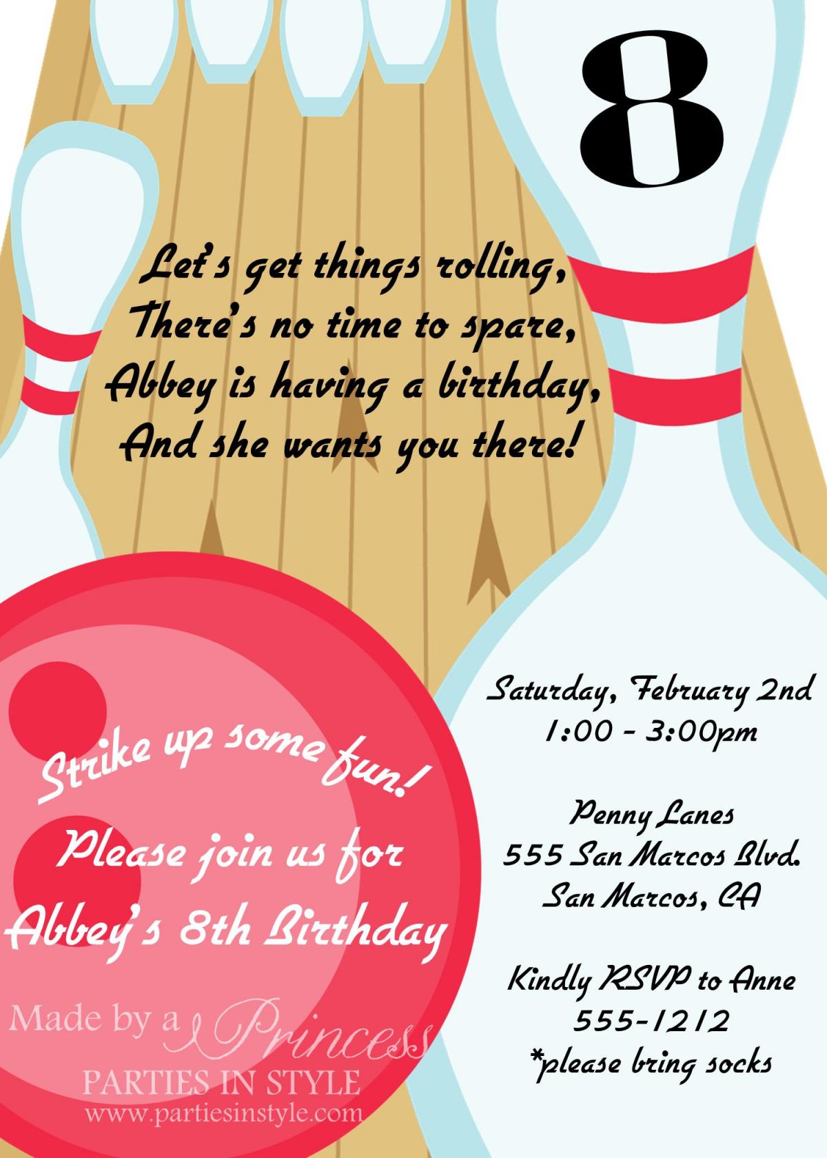 Bowling Birthday Party Printable Invitation - Diy - Pink