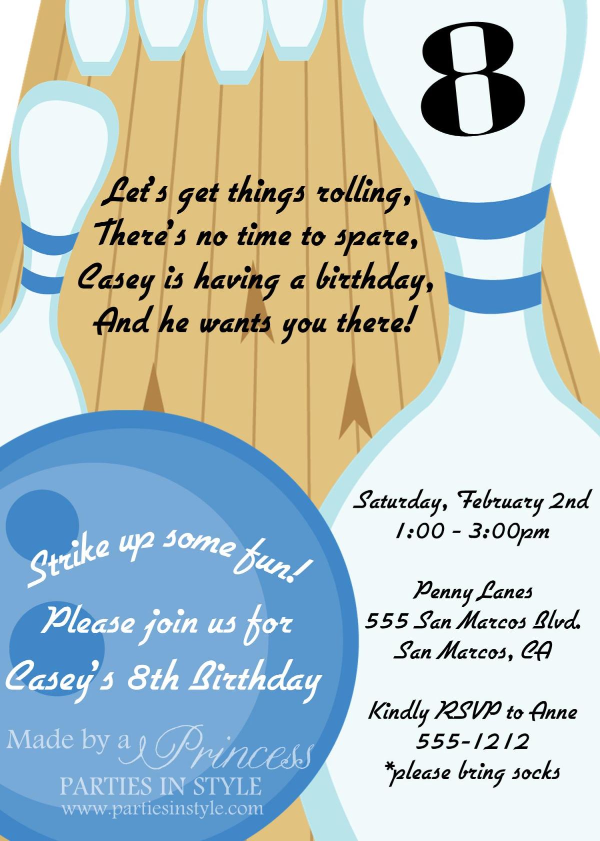 Bowling Birthday Party Printable Invitation - Diy - Blue